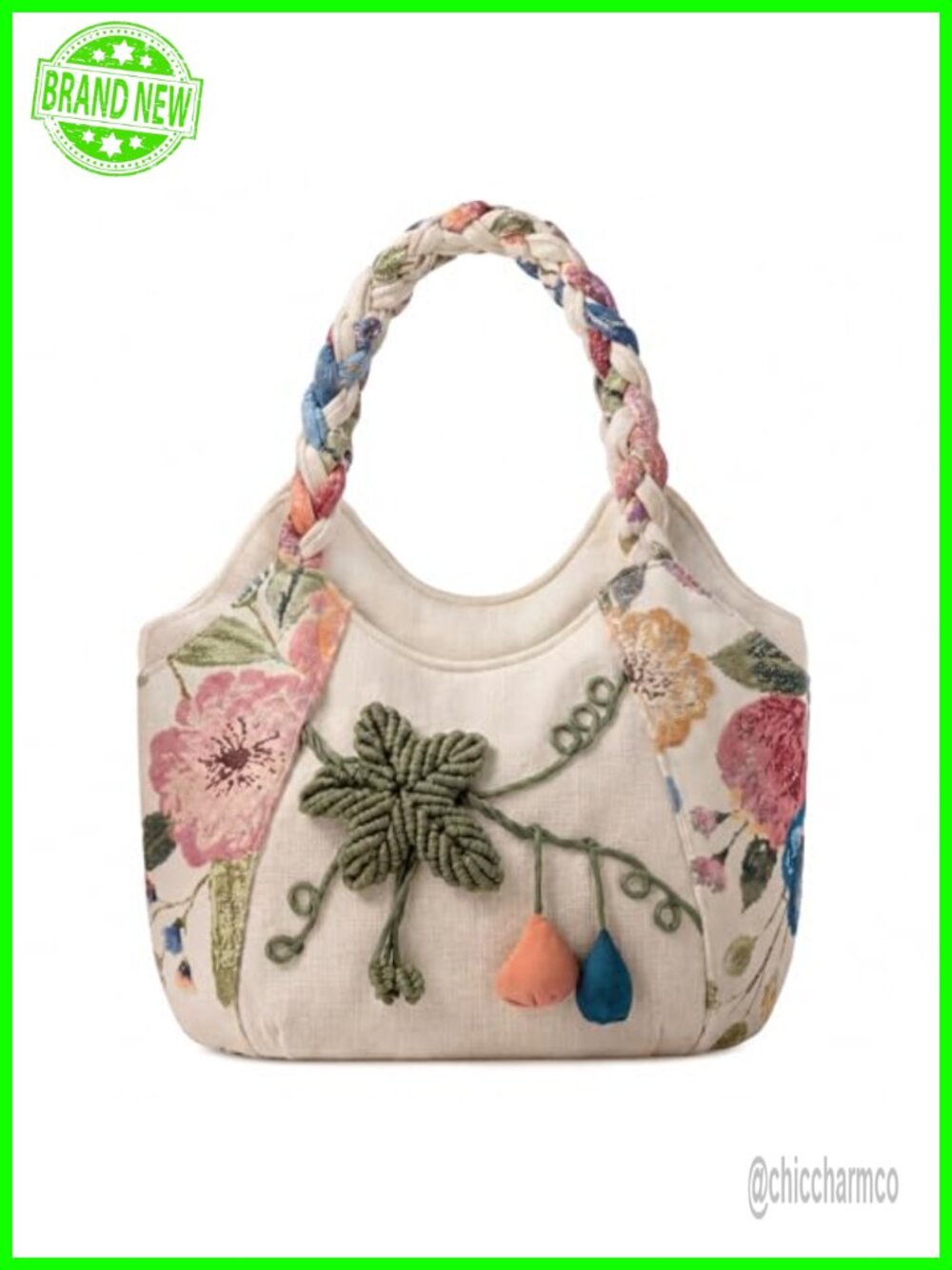 Embroidered Canvas Tote Bag Vintage Ethnic Style Multi Pocket Satchel